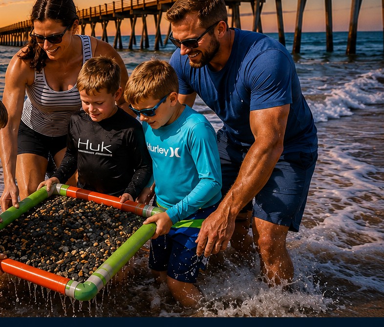 Family hunting for shark teeth together in shallow Gulf waters