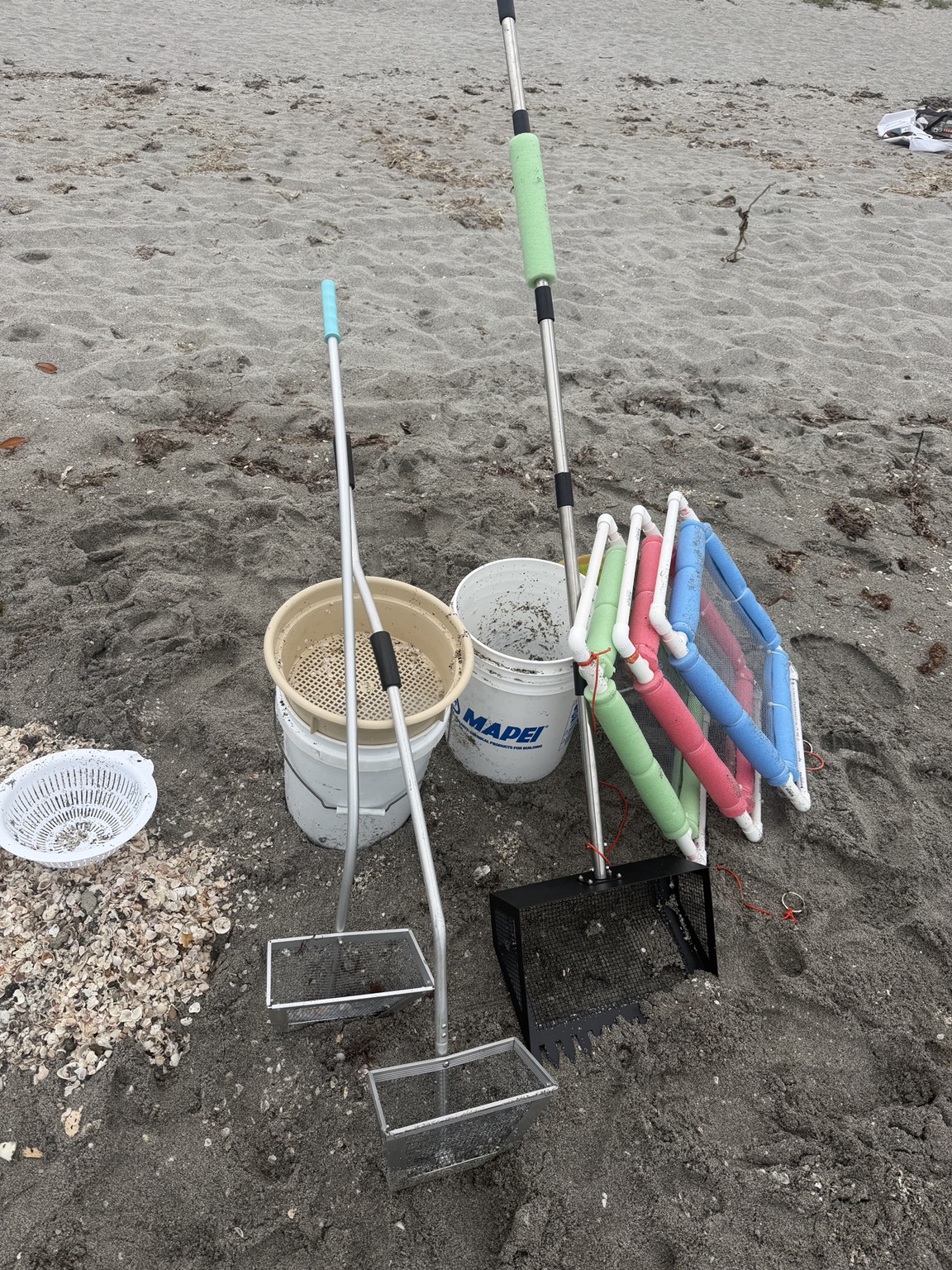 Shark tooth hunting equipment, scoops, sifters and buckets ready for a guided beach adventure