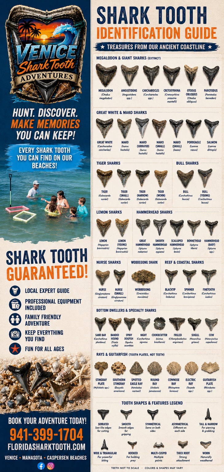 Venice Shark Tooth Adventures identification guide featuring different types of shark teeth